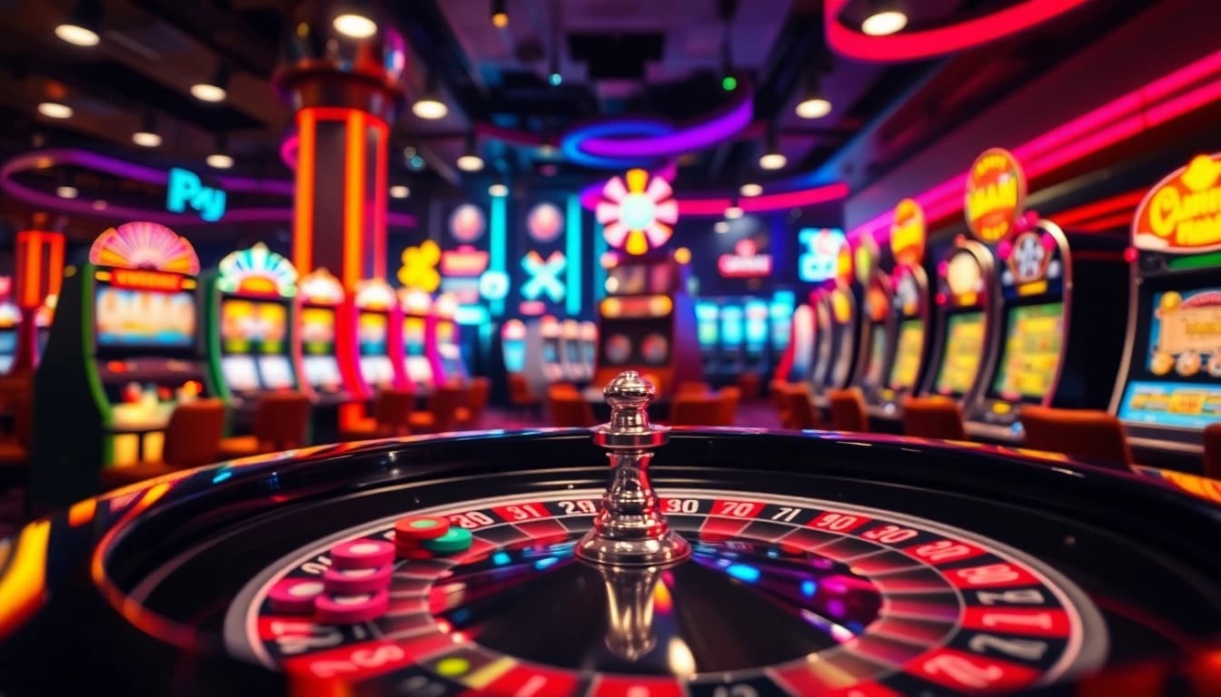 Mainkan toko56 dengan meja roulette yang meriah dan mesin slot yang berkilauan.