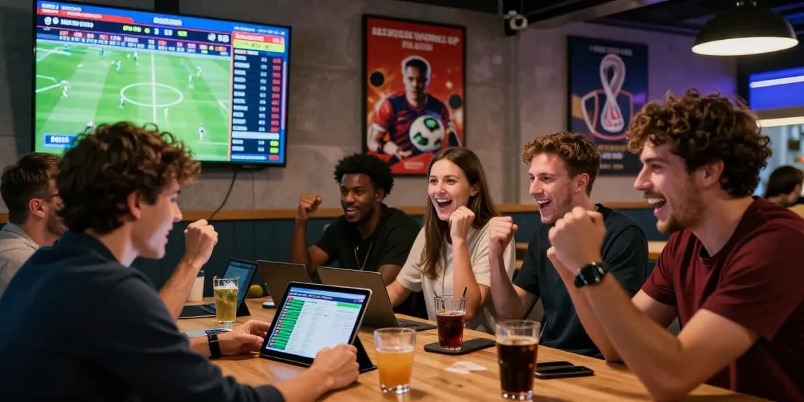 Enthusiastic group analyzing mix parlay betting options during the 2026 World Cup in a vibrant lounge setting.