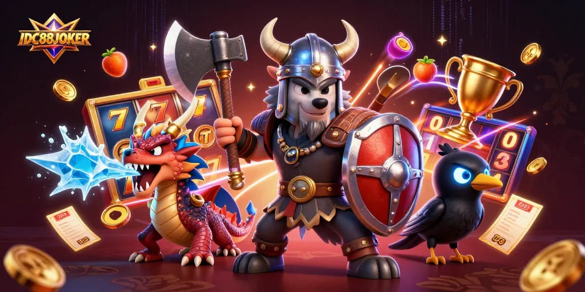 Engage with IDC88JOKER slot adventures featuring a Viking warrior, dragon, and lively game elements.