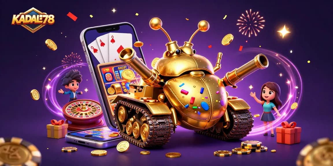 KADAL778 showcases a vibrant casino scene inside a golden beetle tank, crossing the lines of digital gaming with joyful elements.