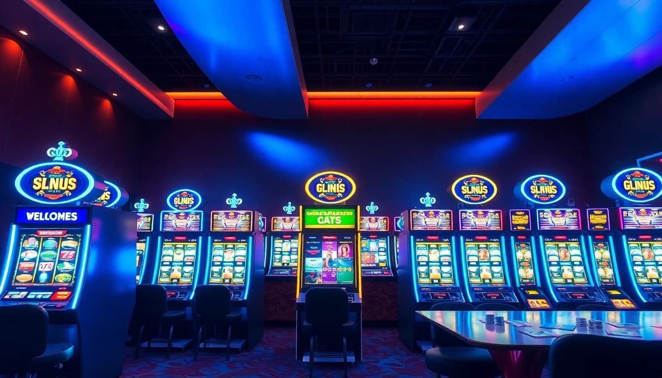 Menunjukkan slot demo dengan mesin slot berwarna cerah dan menarik di lingkungan permainan.