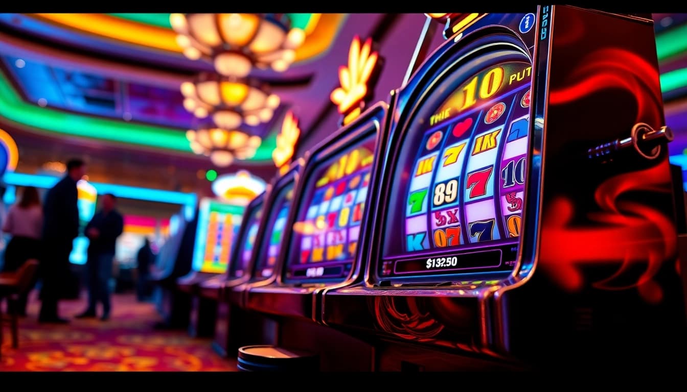 Slot yang mengesankan di kasino dengan warna-warna cerah dan detail menarik.