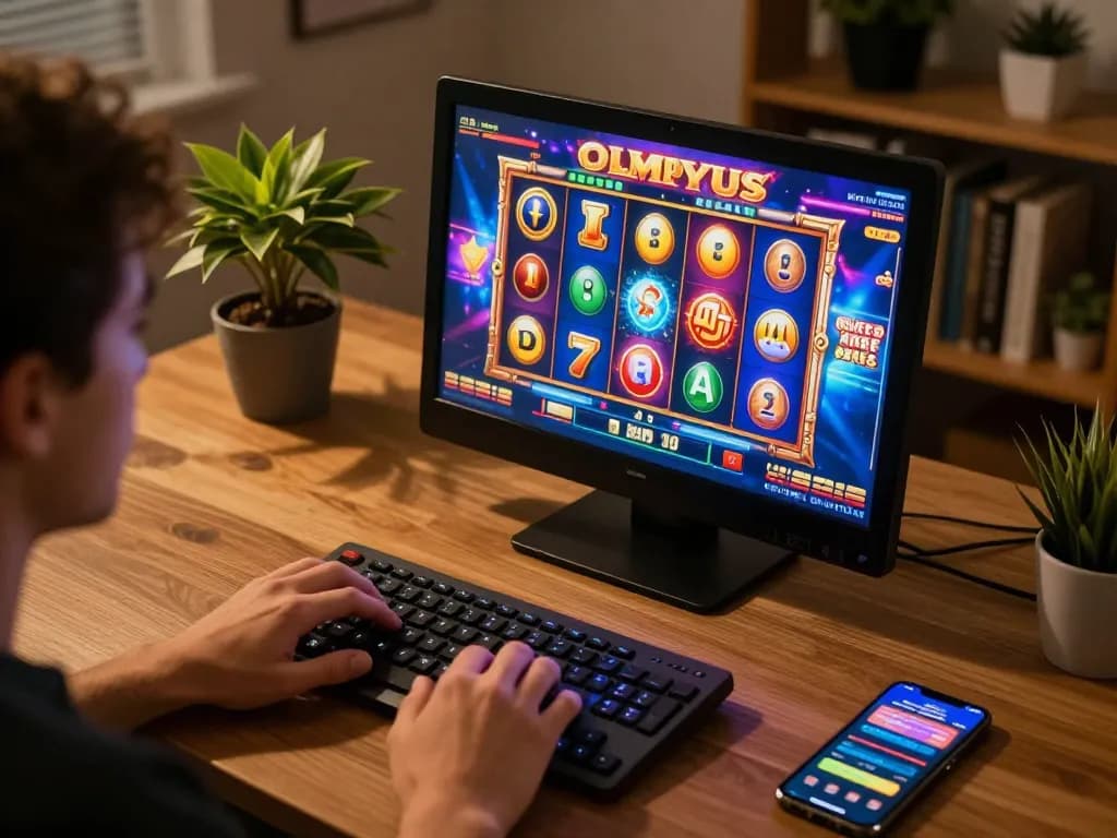 Engaged user enjoying slot olympus on home computer, showcasing vibrant gaming interface and cozy atmosphere.