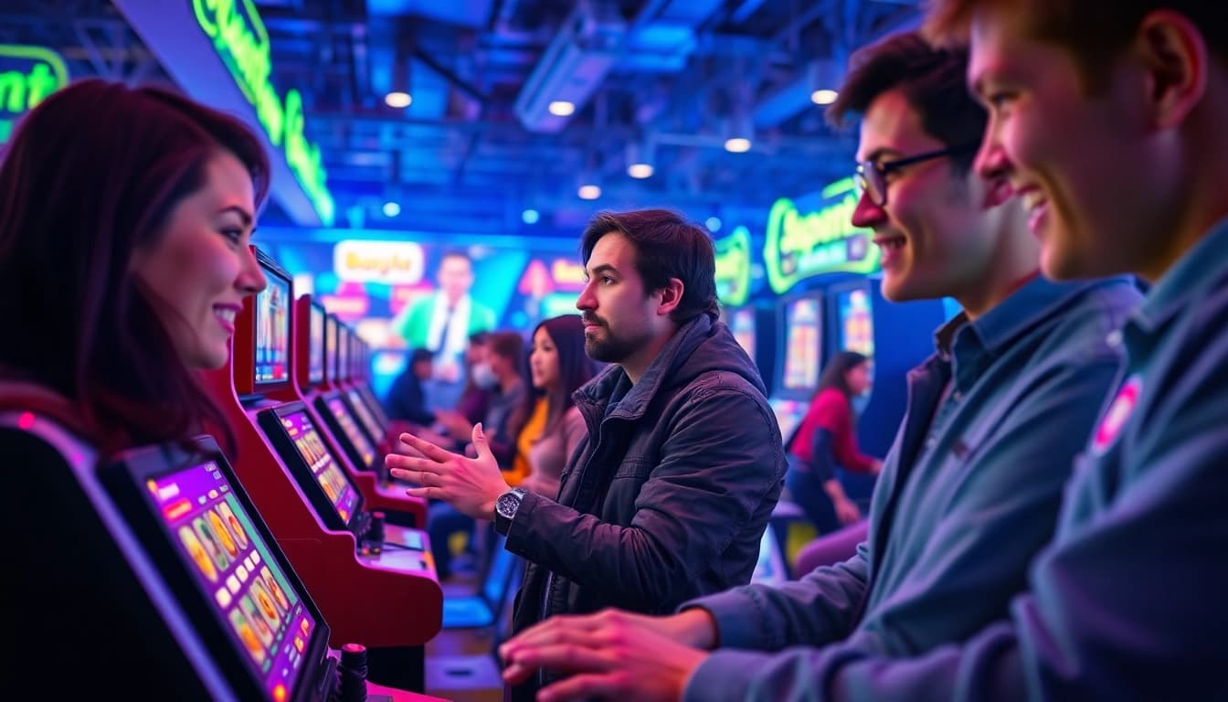 Asupantoto gaming scene with players enjoying online slots in a vibrant neon environment.