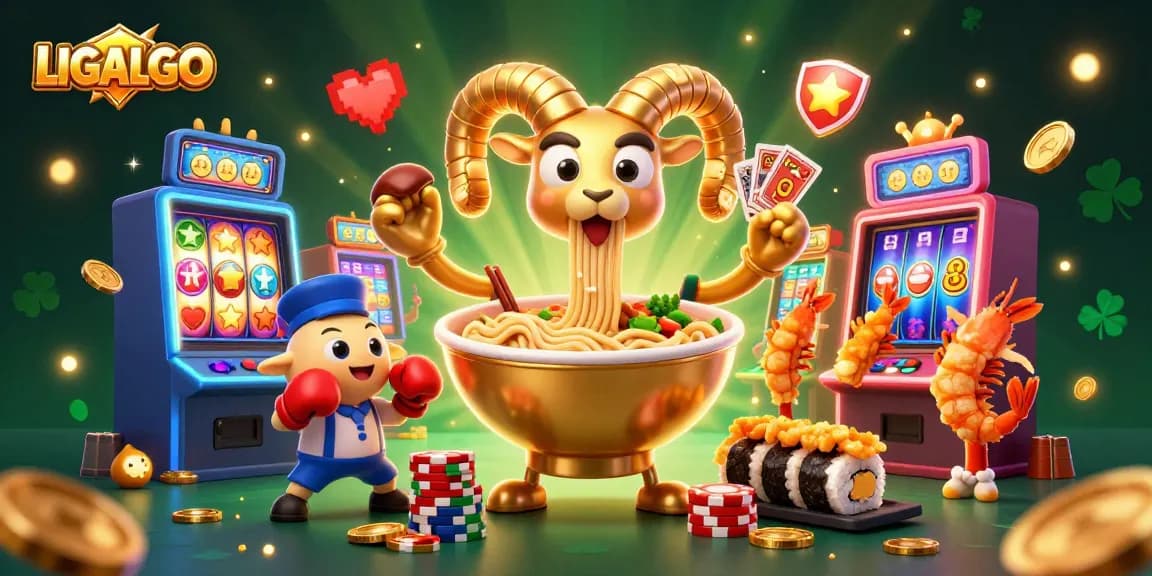 Engage with LIGALGO's vibrant casino scene, featuring animated characters and lively slot machines.