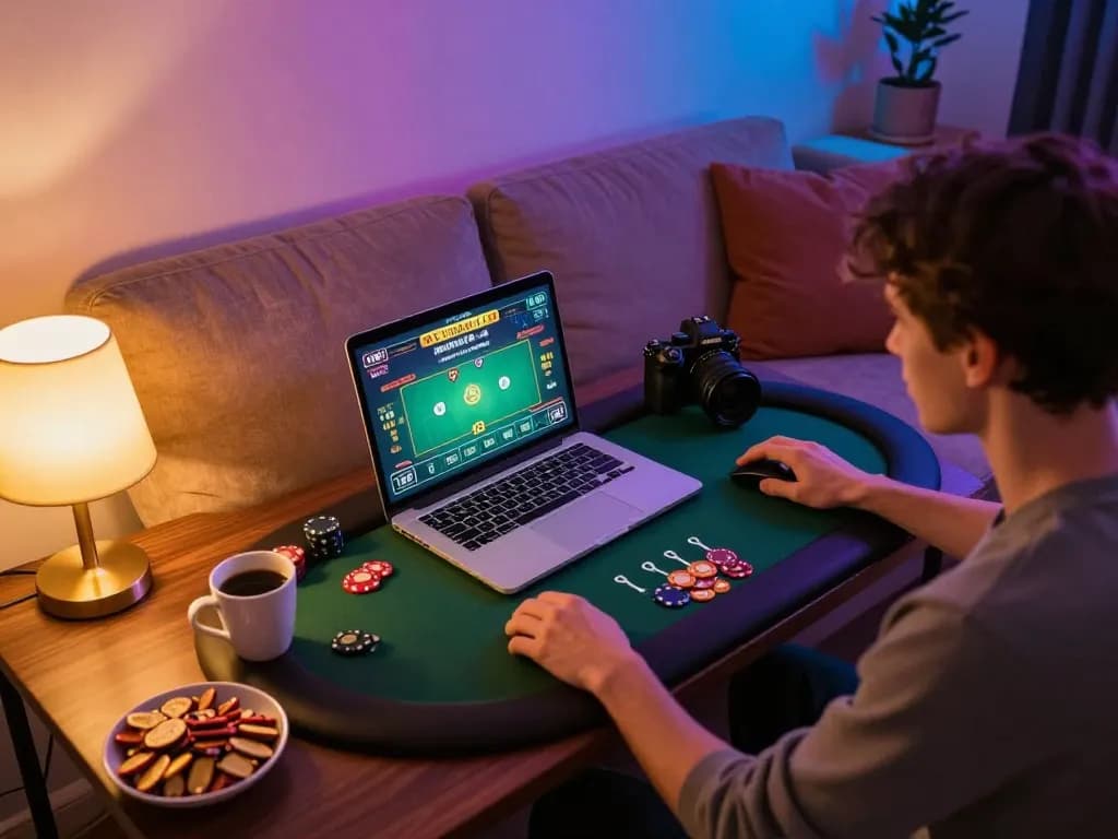 LGO99 player engaging in strategic poker gameplay at a cozy home setup with snacks.