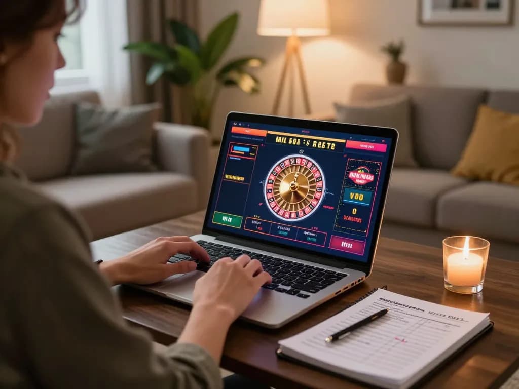 Permainan laptop yang menarik di kasino online hwg500, antarmuka roulette yang hidup dengan catatan strategi.