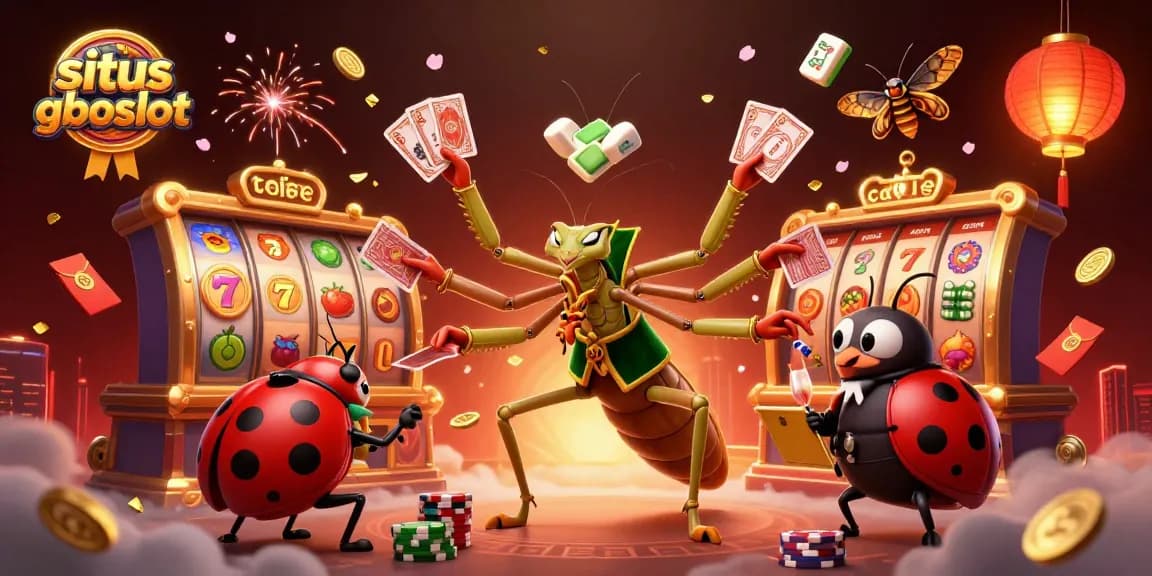 Gambarlah situs gboslot dengan belalang raksasa dan kumbang dalam suasana kasino yang glamor.