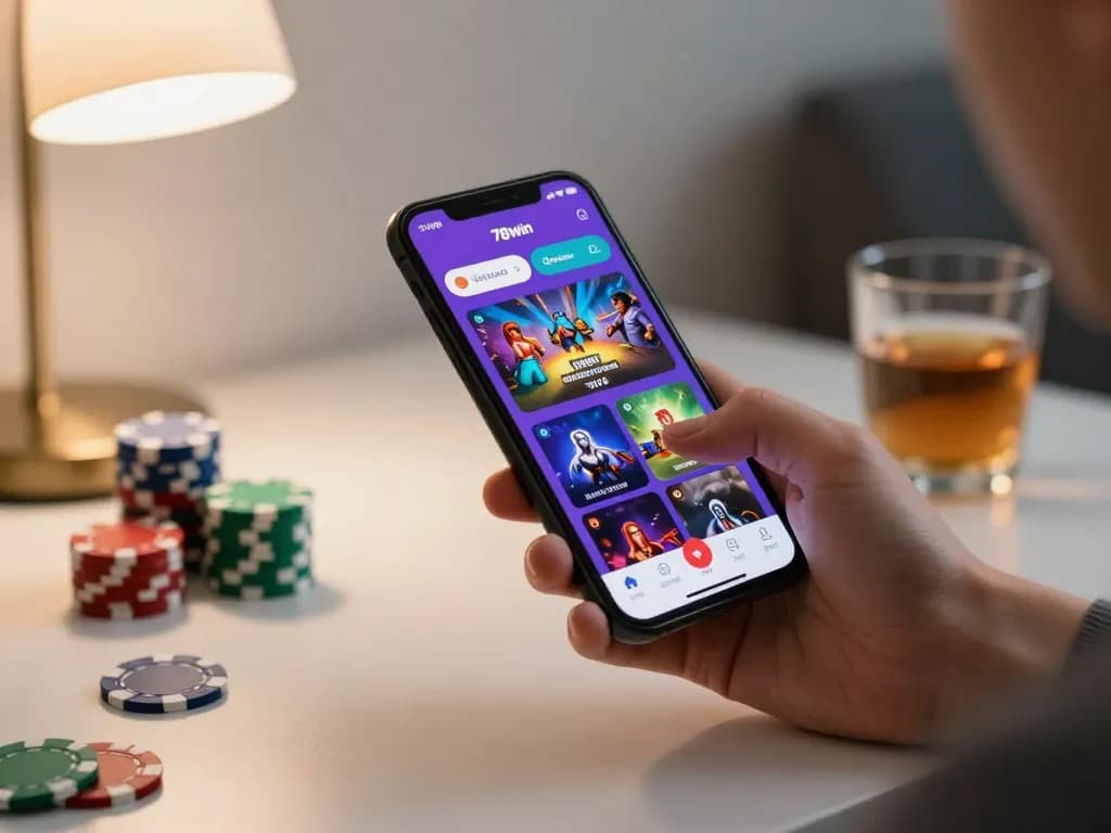 Player enjoying the 78win mobile application for online gambling from a cozy desk setup.