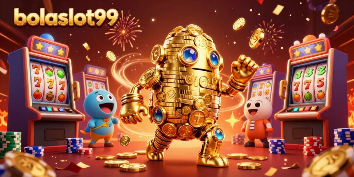 Join the excitement at bolaslot99 with our golden golem amidst vibrant slot machine symbols.