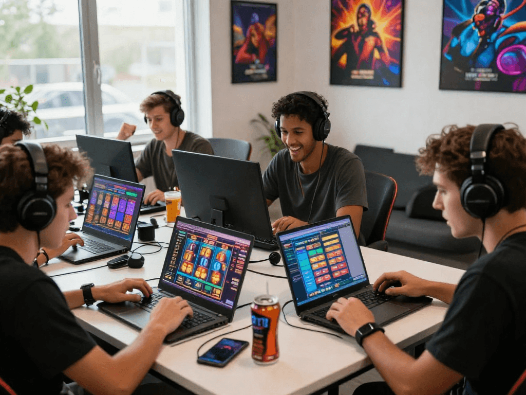 Players engaged in slot online gaming with RTP charts in a vibrant atmosphere.
