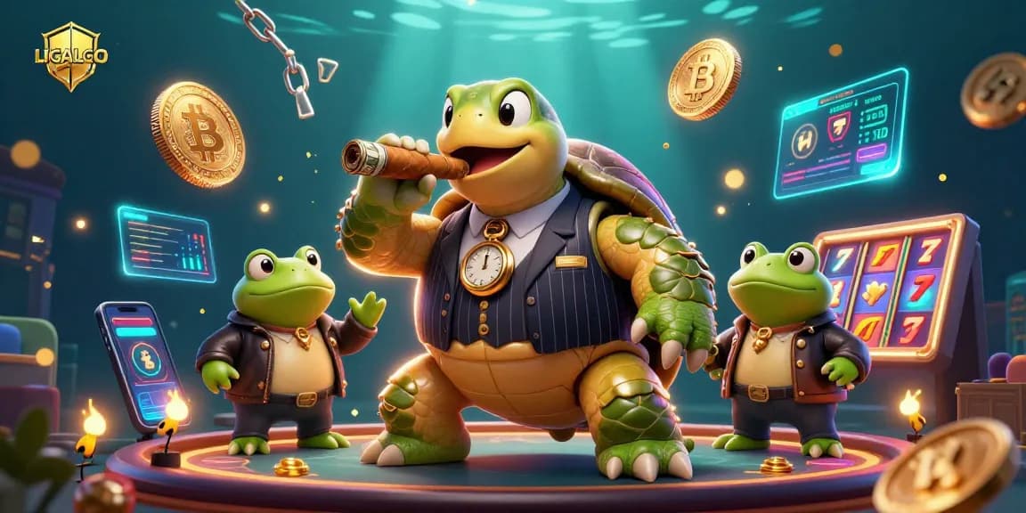 LIGALGO showcases a vibrant casino scene with a mobster turtle and bullfrog enforcers, emphasizing exciting gaming dynamics.