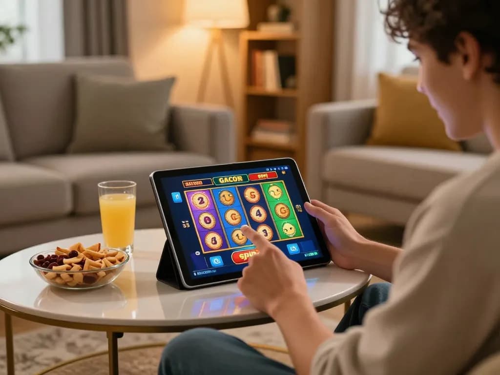 Player enjoying slot gacor on tablet in a cozy living room, showcasing thrilling gameplay.
