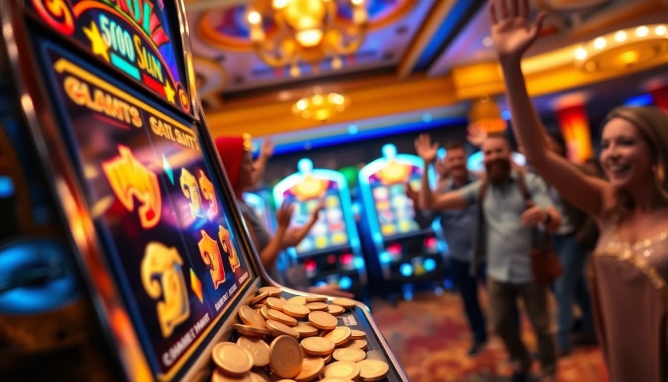 Menangkan slot gacor di mesin slot dengan simbol berwarna cerah dan koin yang berhamburan.