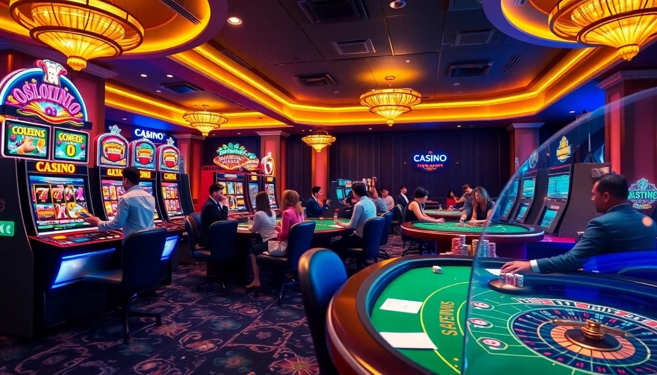 Engaging players celebrating a win at a slot88 machine in a vibrant casino atmosphere.