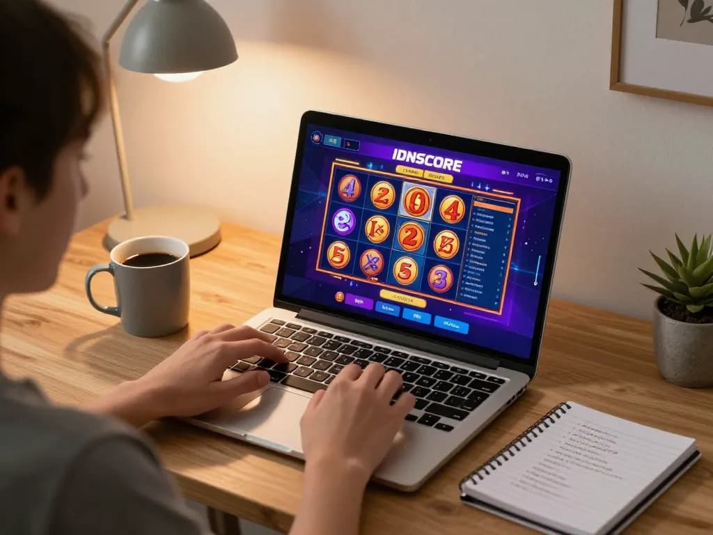 IDNSCORE user immersed in vibrant online slots at home, showcasing an engaging gaming environment