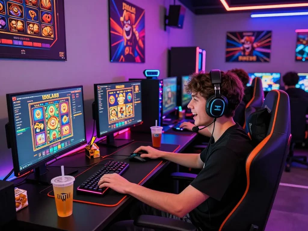 IDOLA88 gaming setup with colorful slot games and energetic atmosphere.