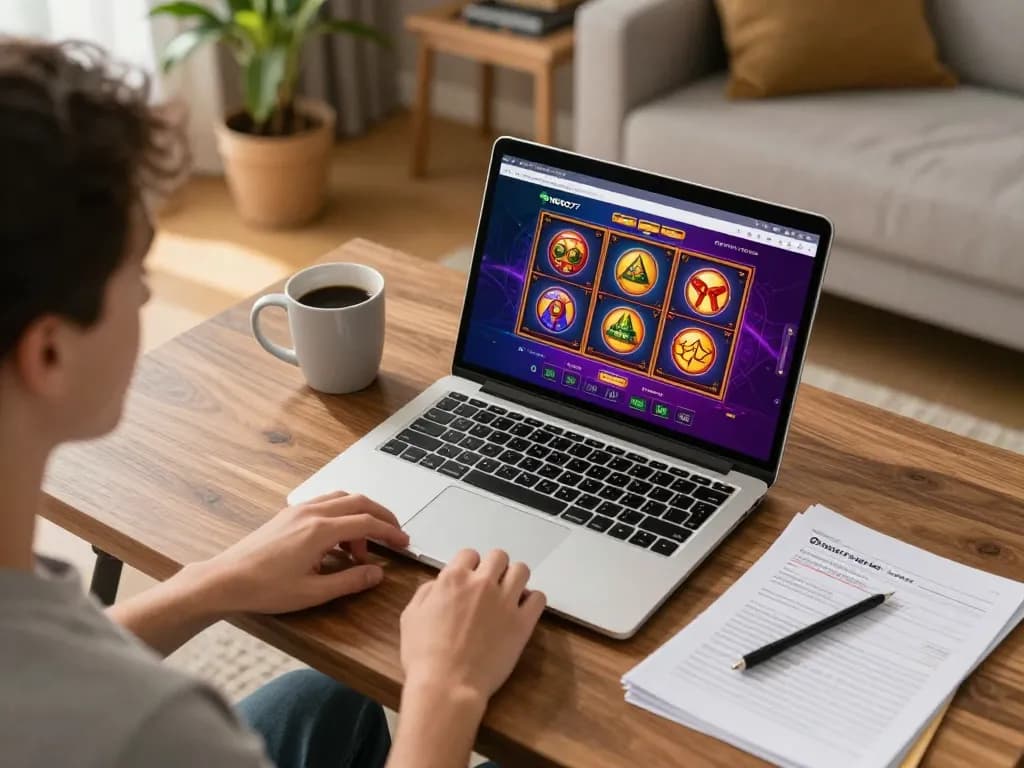 Engaging online gaming session on NEGO77 with vibrant slot games displayed on screen.