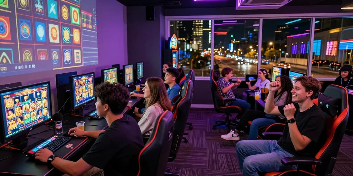 situs slot gaming event with diverse players enjoying vibrant atmosphere and digital slot machines