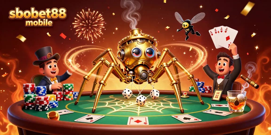 Engage in thrilling action with sbobet88 mobile, featuring a steampunk spider web of poker chips and dynamic game elements.