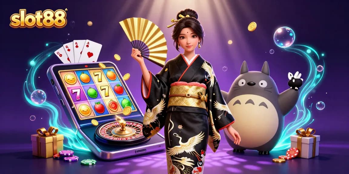 Experience excitement playing slot88 with a dynamic illustration featuring vibrant casino symbols and characters.
