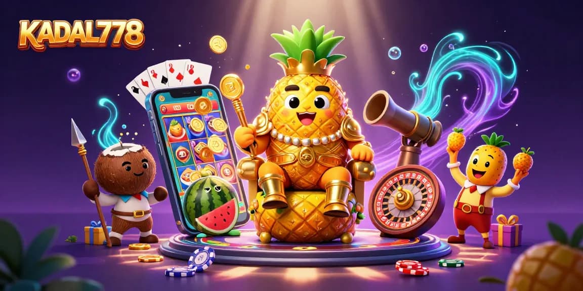 KADAL778 enhances gaming excitement with a golden pineapple king and vibrant casino elements.