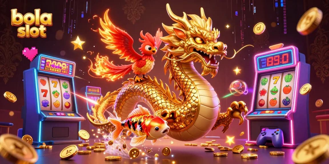 Engage in bola slot gaming with a fierce dragon and phoenix amid golden coins and vibrant slot machines.