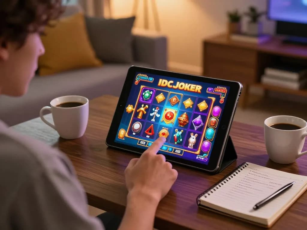 IDCJOKER player enjoying an online slot game on tablet, showcasing vibrant gameplay experience