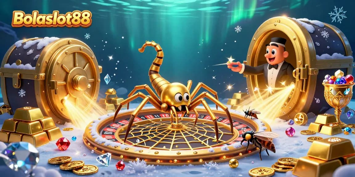 Bolaslot88 bet scene with a spider and croupier on a roulette wheel surrounded by treasure.