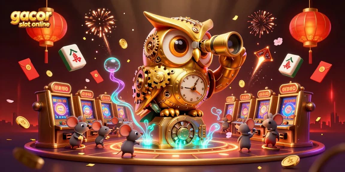 Engage with the excitement of gacor slot online amidst a dynamic casino scene with a captivating clockwork owl overseeing the action.
