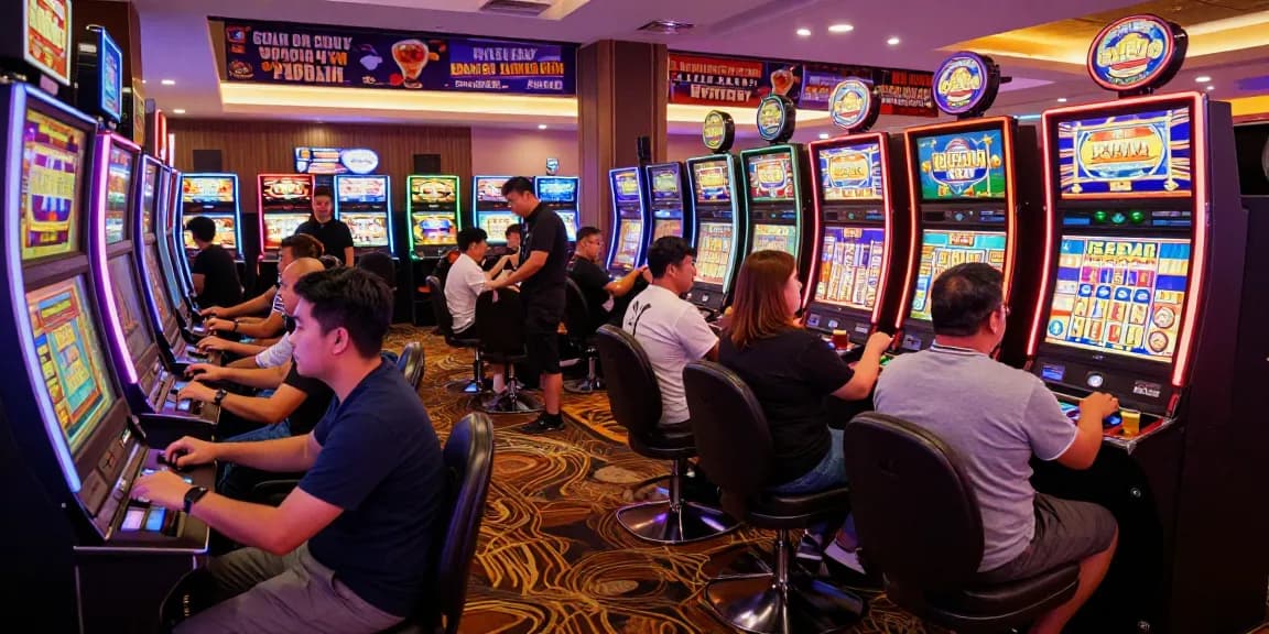 Exciting gaming scene featuring players engaged with situs slot machines in a vibrant casino atmosphere.