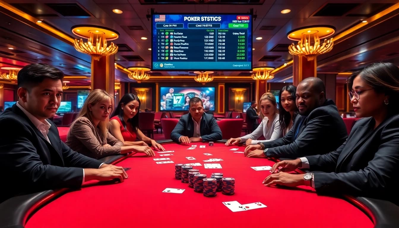 Experience poker online excitement with players at a luxurious casino table, surrounded by vibrant chips and cards.