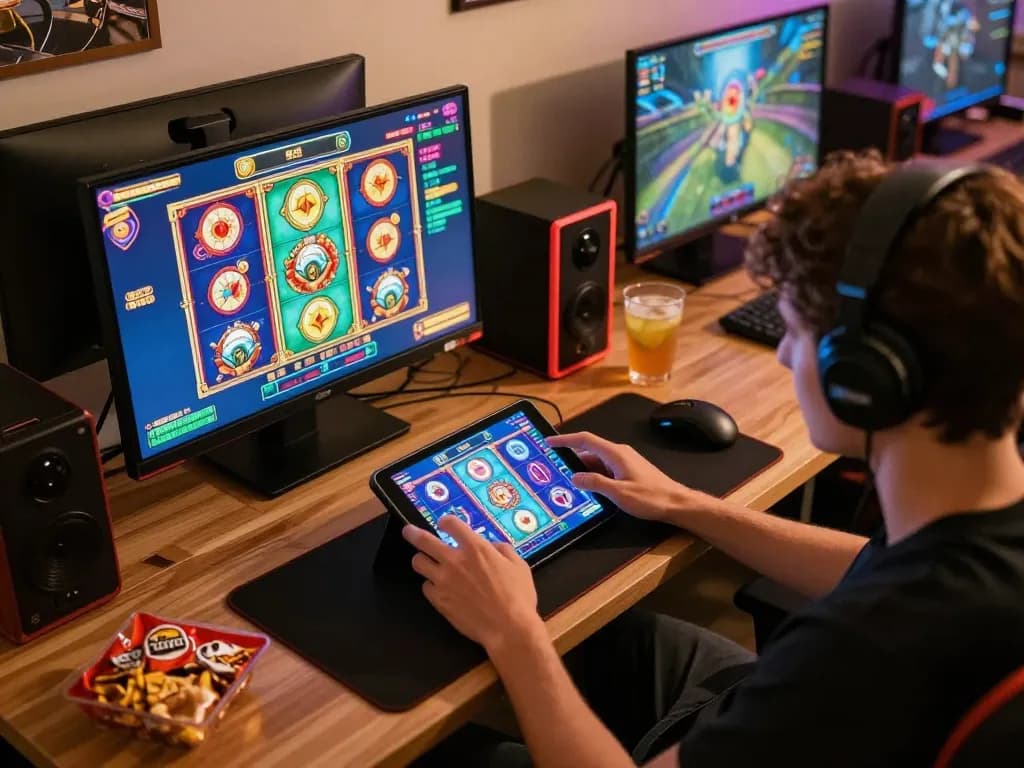 SATRIA123 player enjoying a thrilling online slot game on tablet in a cozy home setting