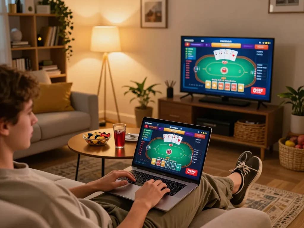 Pakde4D user engaging in online gambling from a cozy home setup.