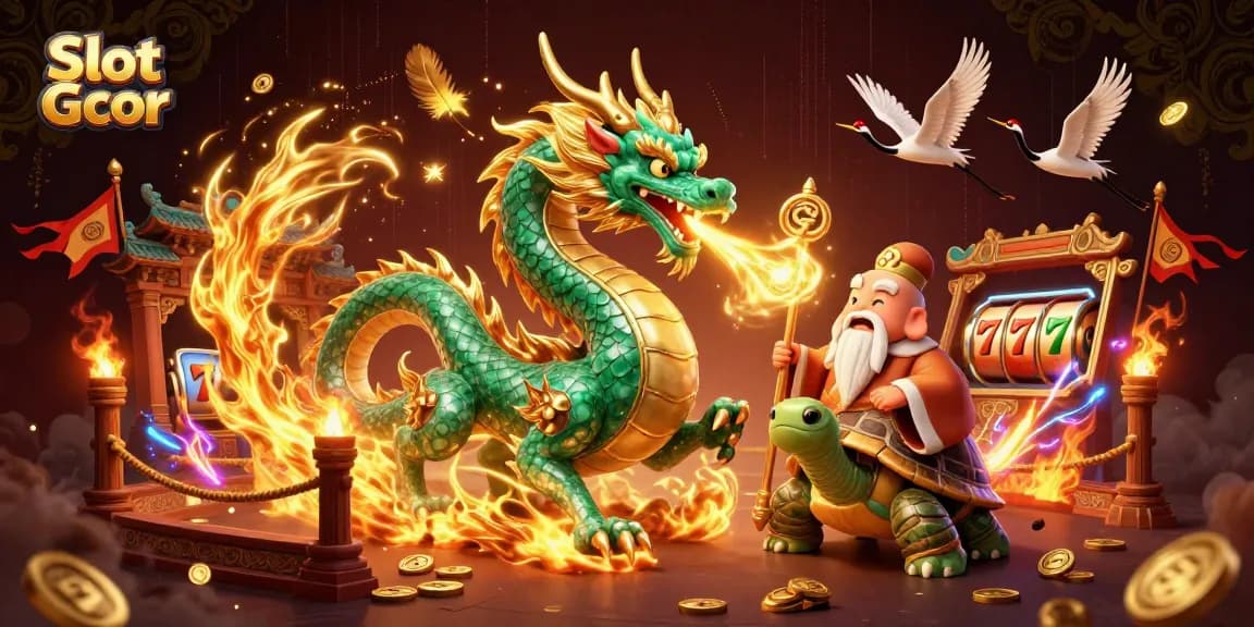Spin the reels with Slot Gcor featuring a stunning emerald dragon and vibrant gambling elements.