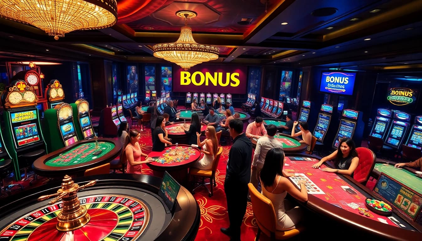 A lively casino scene featuring players enjoying games with bonus new member 103 promotions on display.