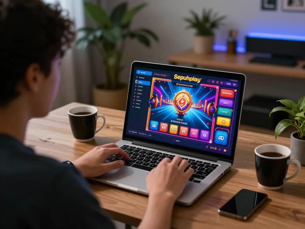 Pemain yang terlibat dengan permainan kasino online Sepuhplay di laptop, menunjukkan pengalaman bermain yang imersif.