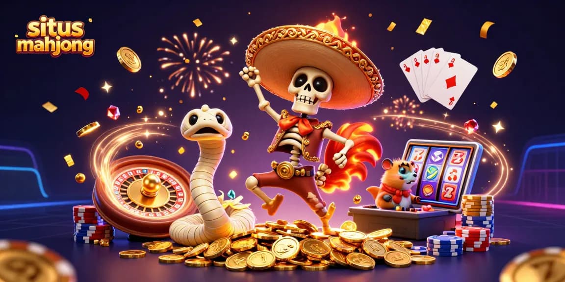 Win big at situs mahjong with a vibrant scene featuring animated characters celebrating amidst shining coins.