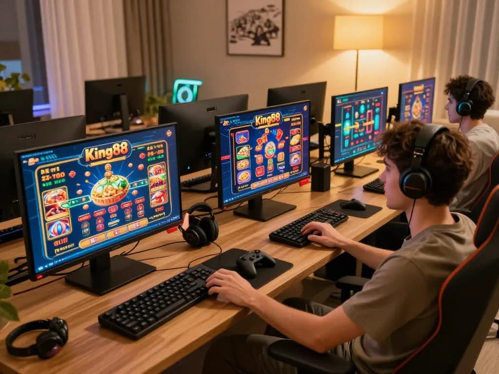 Engaging gameplay on King88 with multiple screens showcasing various casino games in a stylish home setup