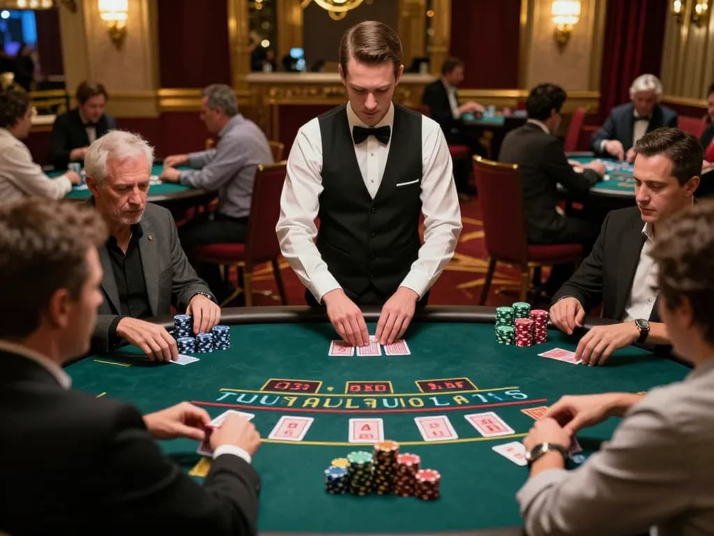 Players strategizing at a nohu blackjack table with intense action and stylish casino ambiance.