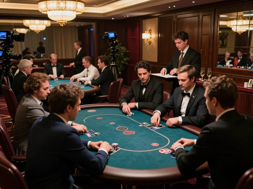 Intense high-stakes gaming moment at a kerajaanslot VIP poker table highlighting focused players and luxury atmosphere.