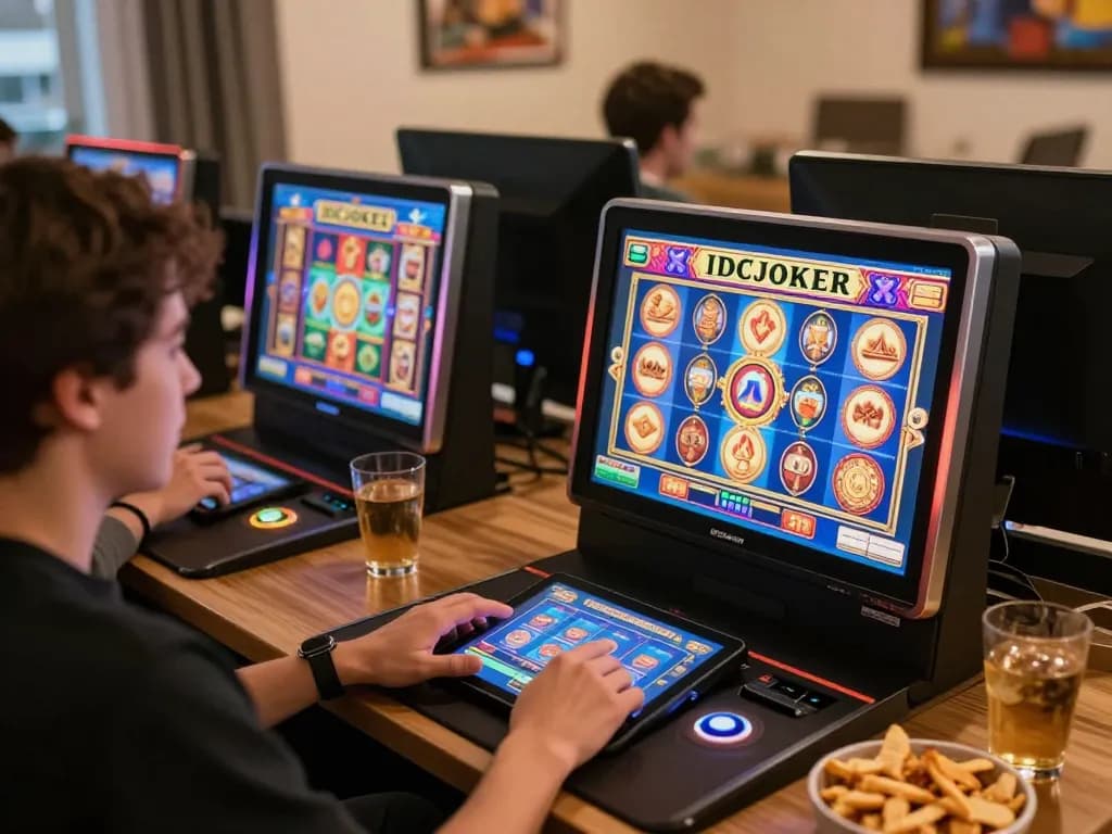 IDCJOKER players enjoying a vibrant online slot game session at home with engaging visuals and snacks