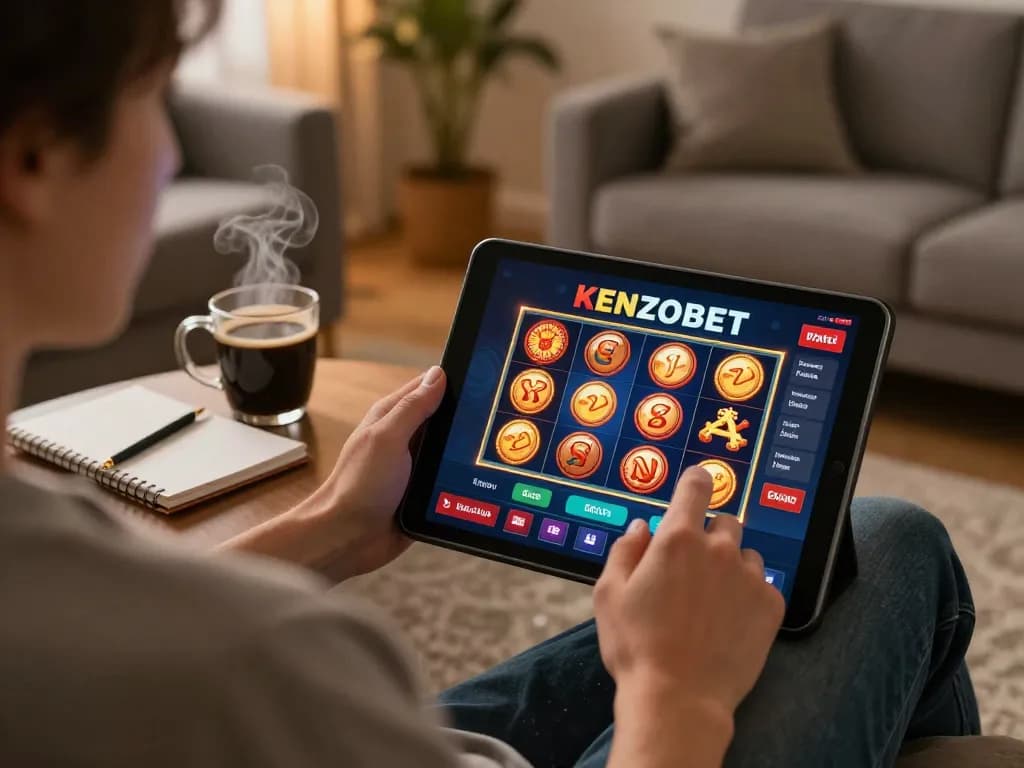Engage with KENZOBET online slots from home, showcasing a player focused on their tablet in a cozy setting.