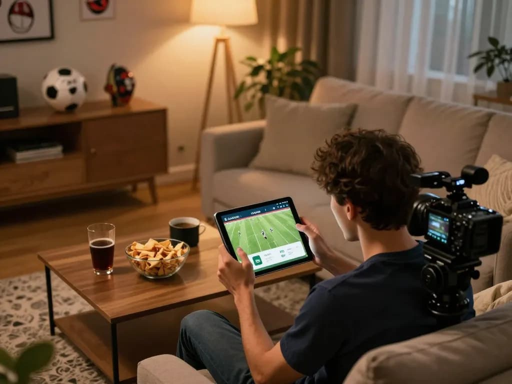 Xem bóng đá Socolive live sports streaming on a tablet in a cozy living room with snacks.