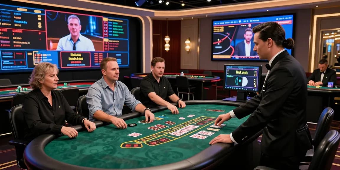 Live casino dealer engaging with players in an elegant studio showcasing a 'link slot' for immersive betting.
