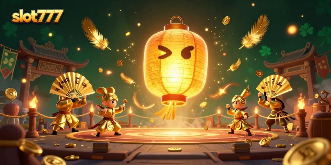 Slot777 menghadirkan ilustrasi kasino yang menarik dengan roh lentera emas dan karakter bertema judi.