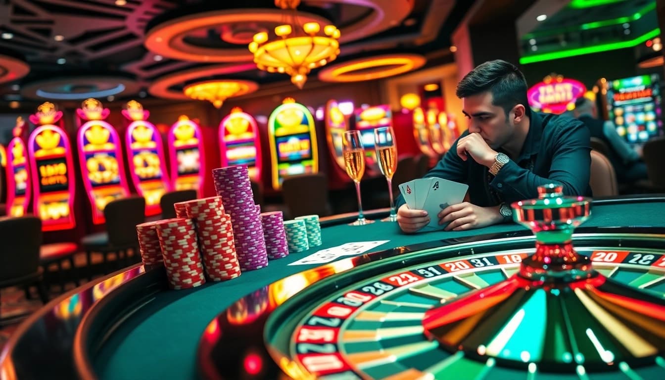 Intensely focused player at a poker table enjoying the thrill of the Sv66 link betting experience surrounded by luxury elements.