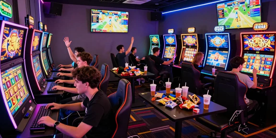 Diverse group playing engaging online slot games in a vibrant gaming lounge, celebrating a jackpot win.