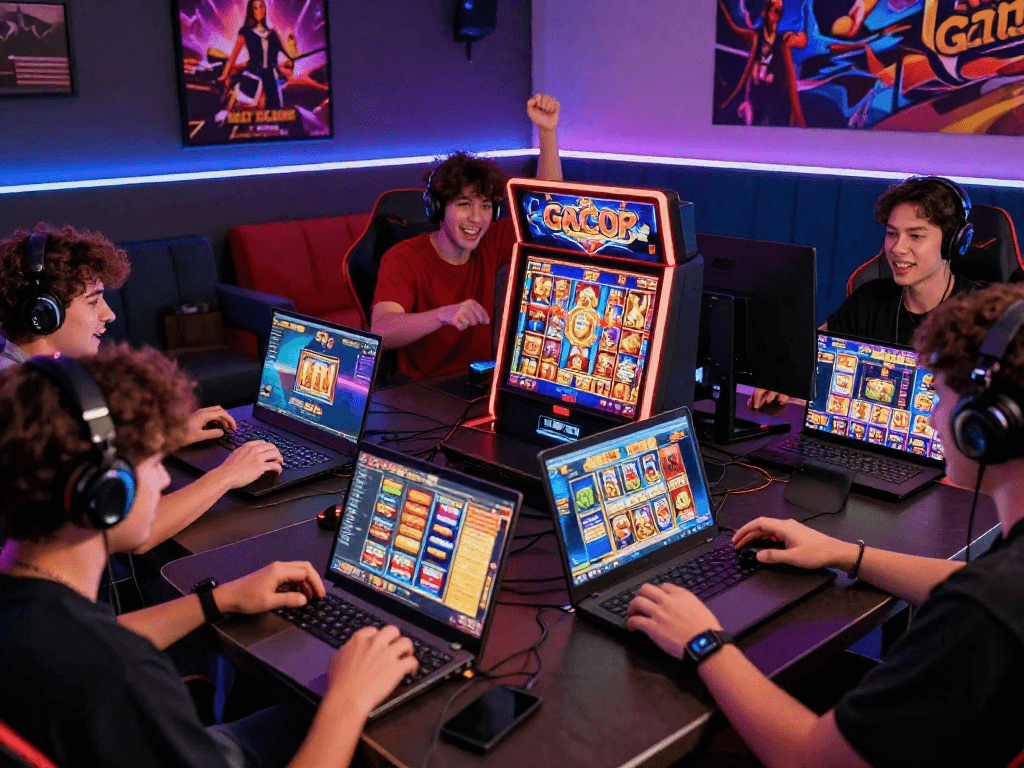 Diverse group of players enjoying slot gacor games on laptops and smartphones in a vibrant gaming room.