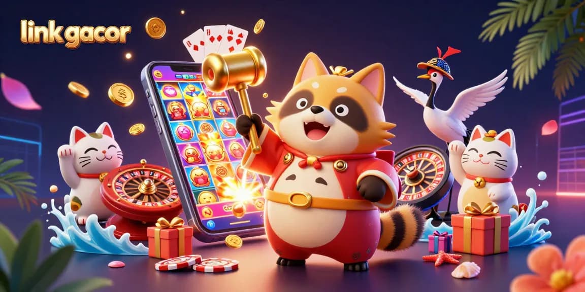 Engage with the link gacor as the cheerful tanuki and friends bring luck in a vibrant casino setting.
